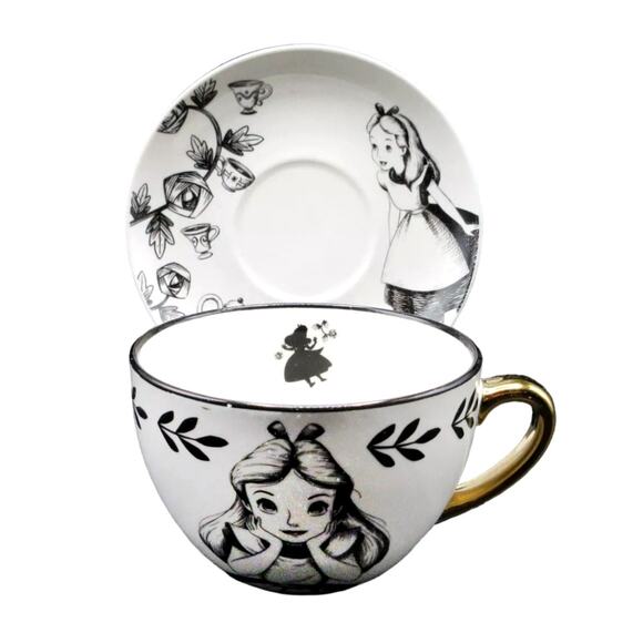 Disney ALICE IN WONDERLAND Teacup with Saucer 16oz Mug Black & Gold New - Picture 1 of 14